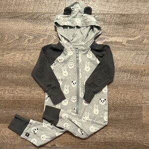 Tea Collection Panda Ears 100% Cotton Hooded Romper in “Animal Buns” Print